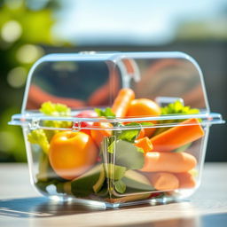 A clear, sleek plastic food packaging box displaying a variety of colorful fruits and vegetables inside