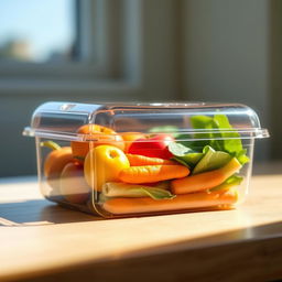 A clear, sleek plastic food packaging box displaying a variety of colorful fruits and vegetables inside