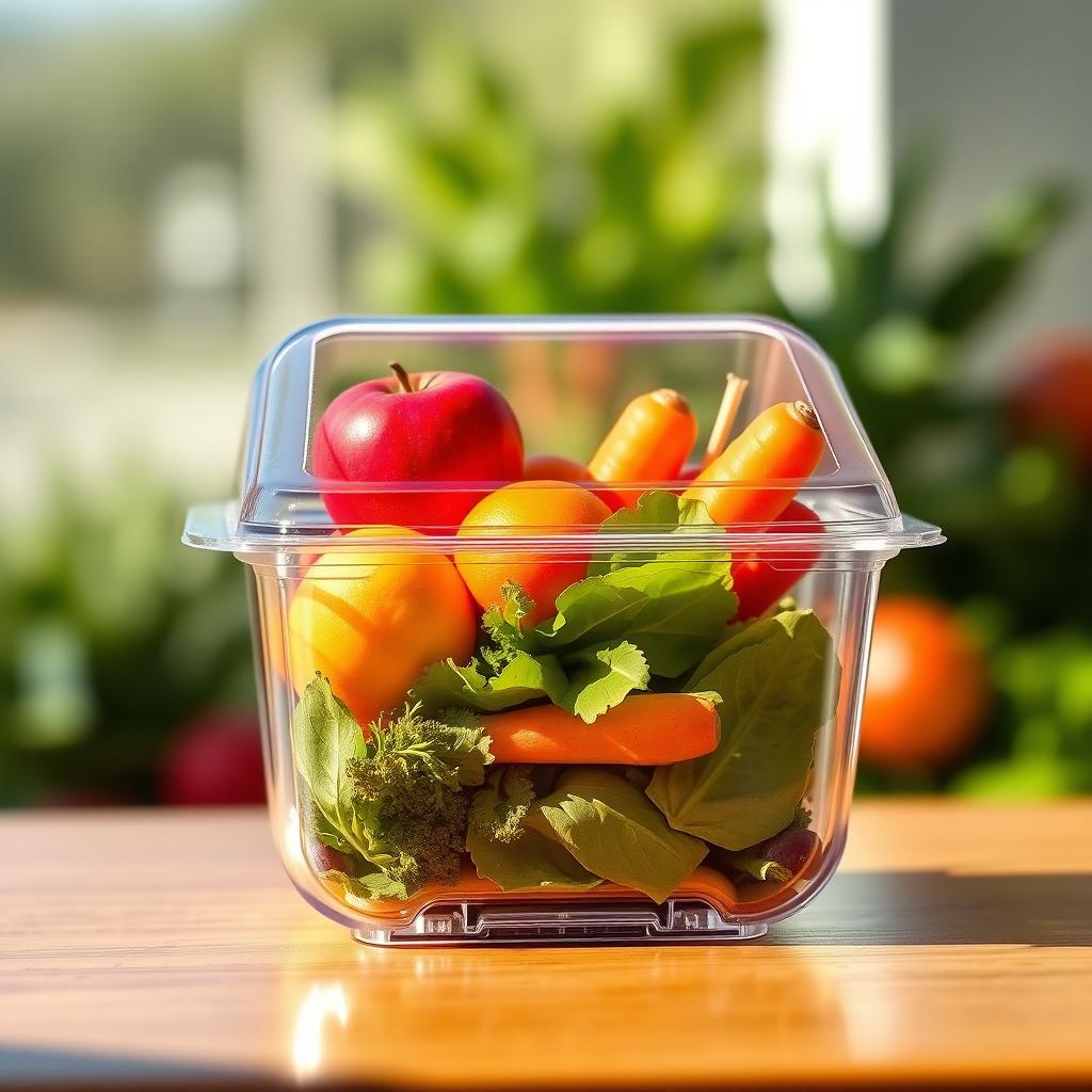 A clear, sleek plastic food packaging box displaying a variety of colorful fruits and vegetables inside