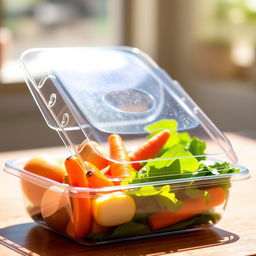 A clear, sleek plastic food packaging box displaying a variety of colorful fruits and vegetables inside