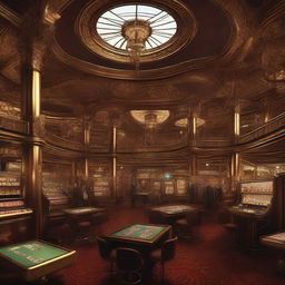 A high-resolution digital art image showcasing a casino in the style of steampunk