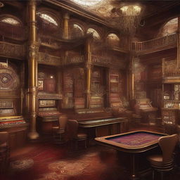 A high-resolution digital art image showcasing a casino in the style of steampunk