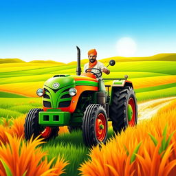 A vibrant poster featuring a farmer driving a tractor, surrounded by a lush green agricultural landscape