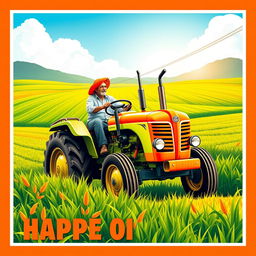 A vibrant poster featuring a farmer driving a tractor, surrounded by a lush green agricultural landscape