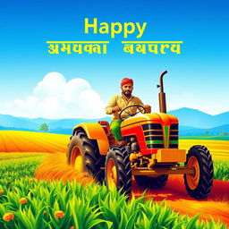 A vibrant poster featuring a farmer driving a tractor, surrounded by a lush green agricultural landscape