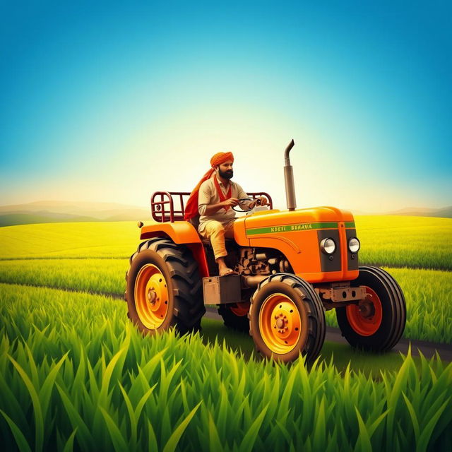 A vibrant poster featuring a farmer driving a tractor, surrounded by a lush green agricultural landscape