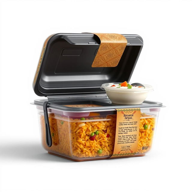 A creative and innovative biryani packaging concept featuring a plastic box designed specifically for retaining warmth and flavor