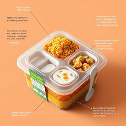 A creative and innovative biryani packaging concept featuring a plastic box designed specifically for retaining warmth and flavor