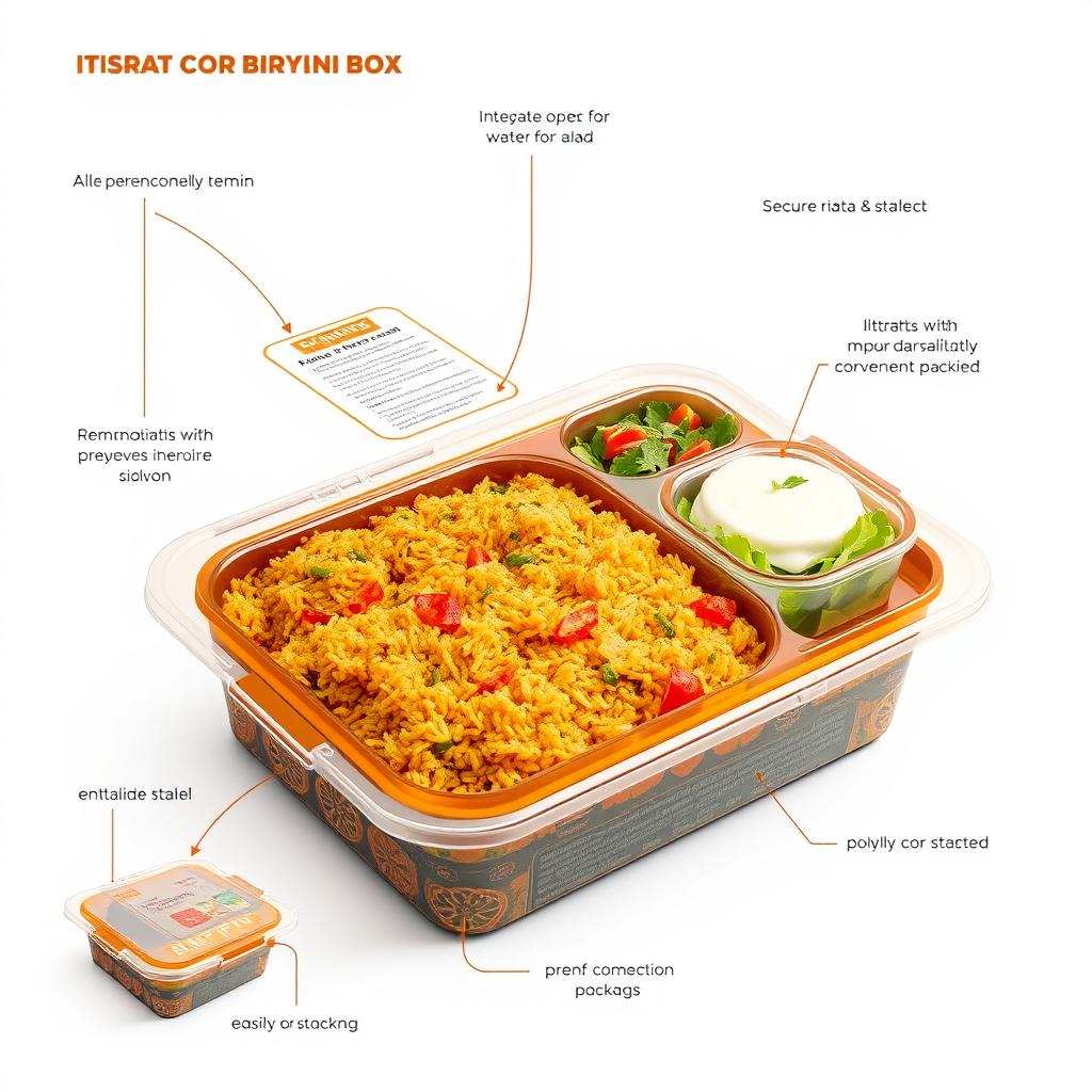 A creative and innovative biryani packaging concept featuring a plastic box designed specifically for retaining warmth and flavor