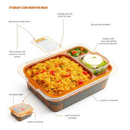 A creative and innovative biryani packaging concept featuring a plastic box designed specifically for retaining warmth and flavor