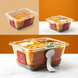 A creative and innovative biryani packaging concept featuring a plastic box designed specifically for retaining warmth and flavor