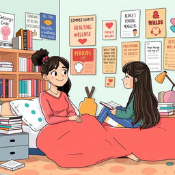 An educational and informative illustration depicting a teenage girl having a casual conversation with her friend about menstruation, in a cozy and colorful room filled with posters about health and wellness