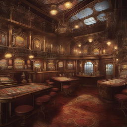 A high-resolution digital art image showcasing a casino in the style of steampunk