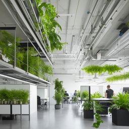 A back office with a sleek, white interior, populated by industrious people at work. Scattered within this space are clusters of lush, green indoor plants lending a refreshing touch to the ambiance.