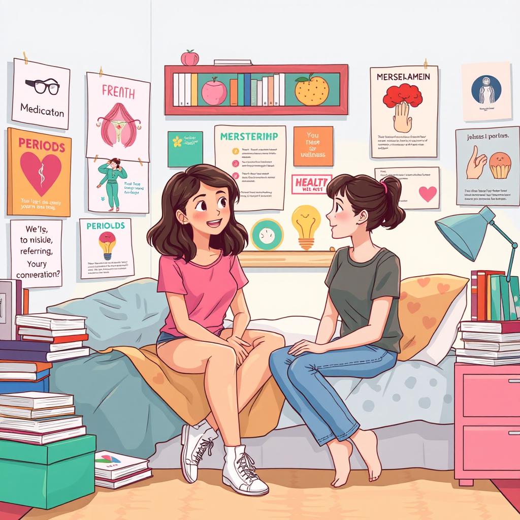 An educational and informative illustration depicting a teenage girl having a casual conversation with her friend about menstruation, in a cozy and colorful room filled with posters about health and wellness