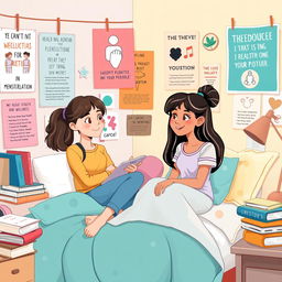 An educational and informative illustration depicting a teenage girl having a casual conversation with her friend about menstruation, in a cozy and colorful room filled with posters about health and wellness