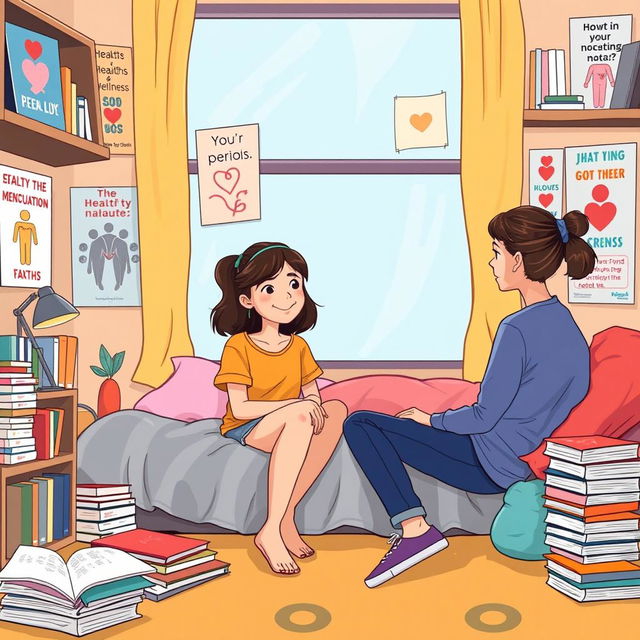 An educational and informative illustration depicting a teenage girl having a casual conversation with her friend about menstruation, in a cozy and colorful room filled with posters about health and wellness