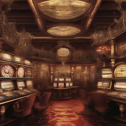 A high-resolution digital art image showcasing a casino in the style of steampunk