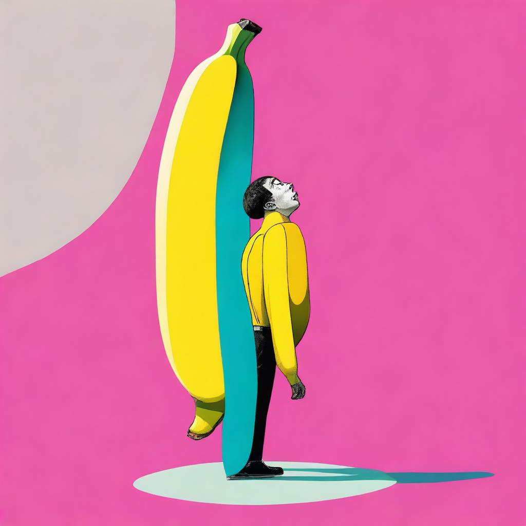 A high-resolution digital art image depicting a surreal scene where a banana stands upright on its own, causing a person to react in complete shock