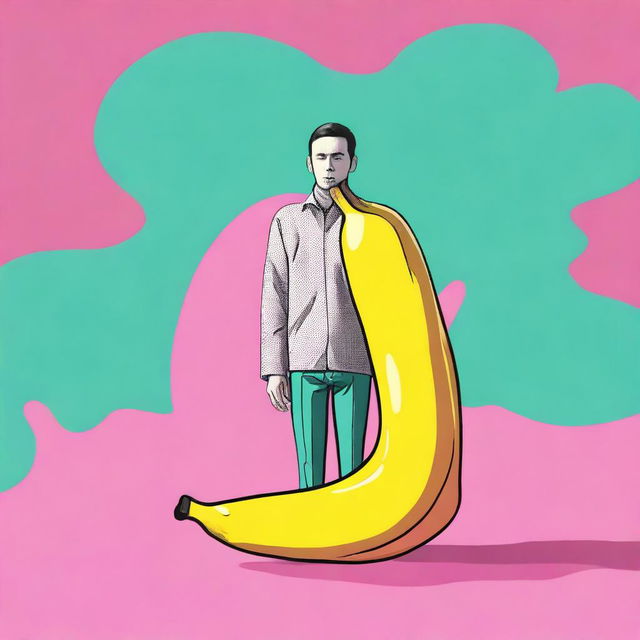 A high-resolution digital art image depicting a surreal scene where a banana stands upright on its own, causing a person to react in complete shock