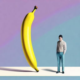 A high-resolution digital art image depicting a surreal scene where a banana stands upright on its own, causing a person to react in complete shock