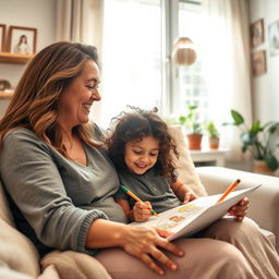 A heartwarming scene of a mother and daughter bonding in a cozy living room