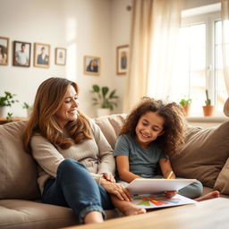 A heartwarming scene of a mother and daughter bonding in a cozy living room