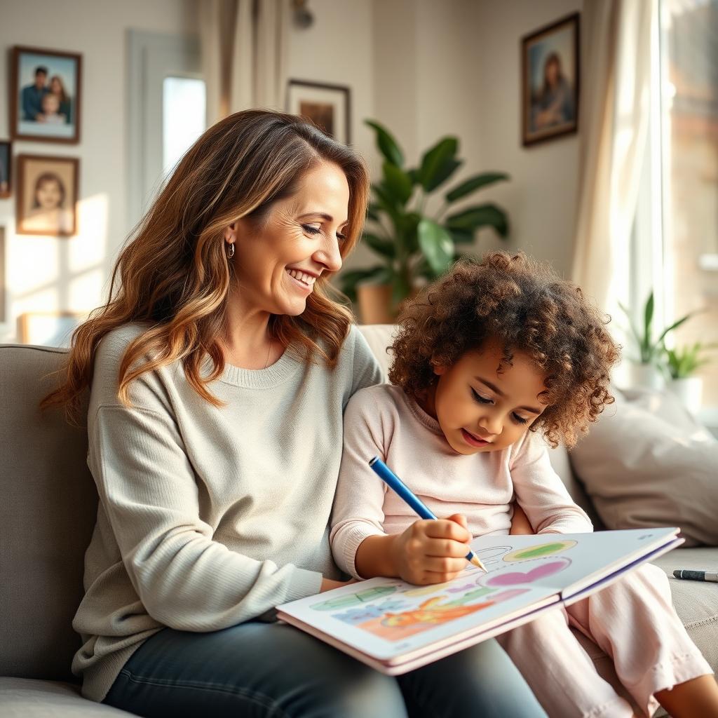 A heartwarming scene of a mother and daughter bonding in a cozy living room