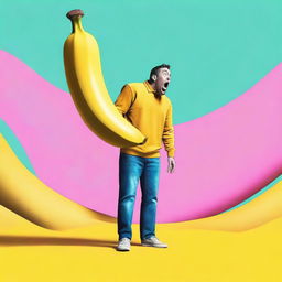 A high-resolution digital art image depicting a surreal scene where a banana stands upright on its own, causing a person to react in complete shock