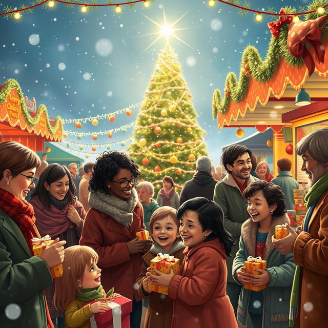 A vibrant and warm Christmas carnival scene filled with people embracing kindness and socializing