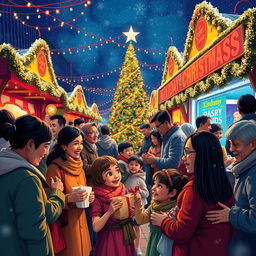 A vibrant and warm Christmas carnival scene filled with people embracing kindness and socializing