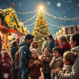 A vibrant and warm Christmas carnival scene filled with people embracing kindness and socializing