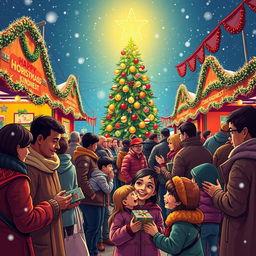 A vibrant and warm Christmas carnival scene filled with people embracing kindness and socializing