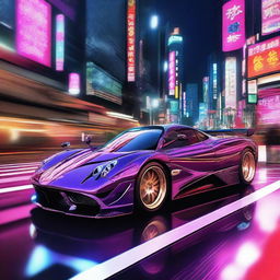 A high-resolution digital art image featuring a Pagani car modified with a Japanese theme