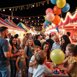 A lively and cheerful carnival scene highlighting kindness and socializing among a diverse group of people