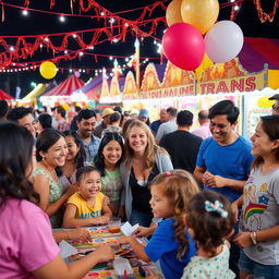 A lively and cheerful carnival scene highlighting kindness and socializing among a diverse group of people