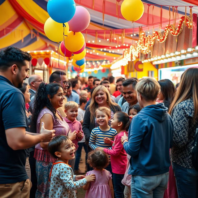 A lively and cheerful carnival scene highlighting kindness and socializing among a diverse group of people