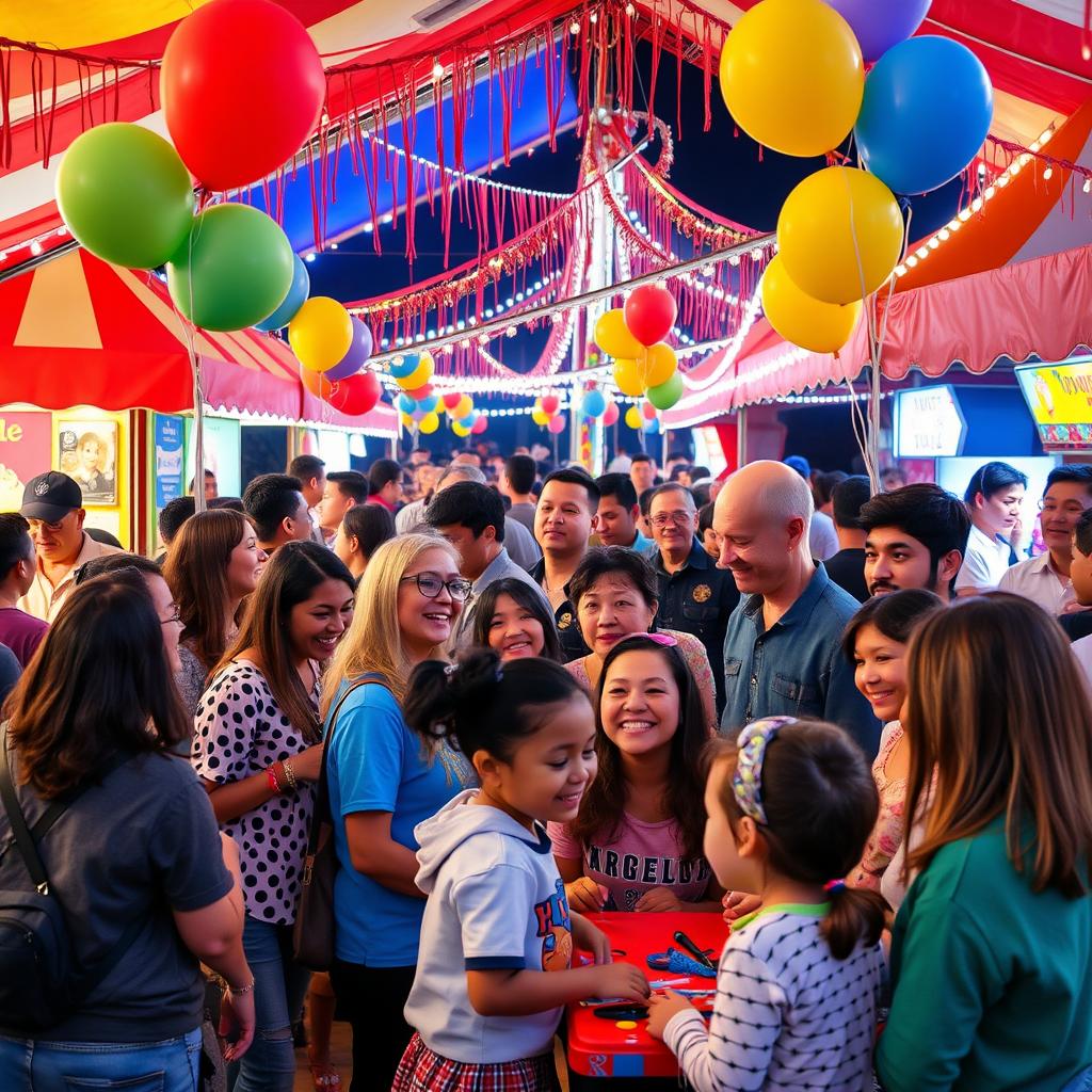 A lively and cheerful carnival scene highlighting kindness and socializing among a diverse group of people