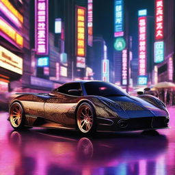 A high-resolution digital art image featuring a Pagani car modified with a Japanese theme