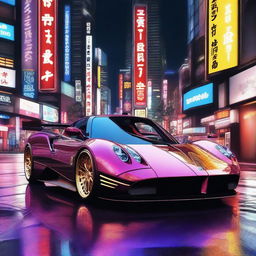 A high-resolution digital art image featuring a Pagani car modified with a Japanese theme