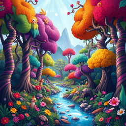 A colorful and whimsical portrayal of a forest in Myanmar, depicted in a cartoon style