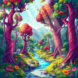 A colorful and whimsical portrayal of a forest in Myanmar, depicted in a cartoon style