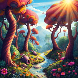 A colorful and whimsical portrayal of a forest in Myanmar, depicted in a cartoon style