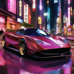 A high-resolution digital art image featuring a Pagani car modified with a Japanese theme