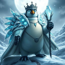 A majestic Legendary Penguin representing the 'Eternal Frost King', adorned in a radiant silver cloak that shimmers like freshly fallen snow under moonlight