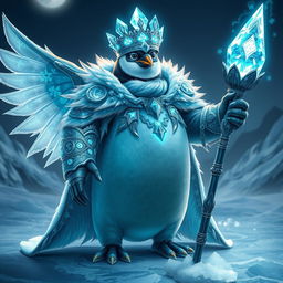 A majestic Legendary Penguin representing the 'Eternal Frost King', adorned in a radiant silver cloak that shimmers like freshly fallen snow under moonlight