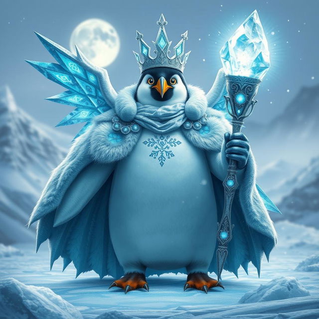 A majestic Legendary Penguin representing the 'Eternal Frost King', adorned in a radiant silver cloak that shimmers like freshly fallen snow under moonlight