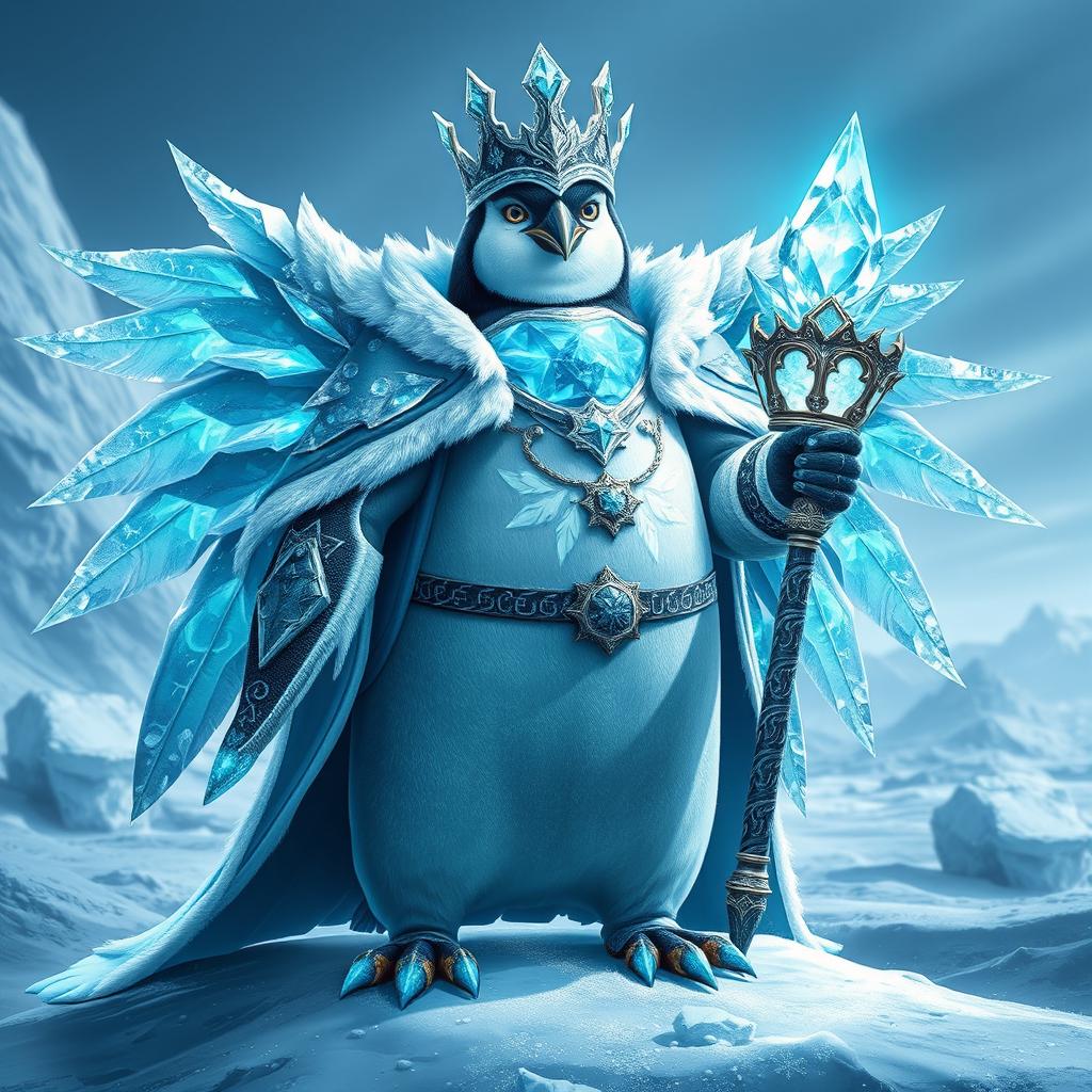 A majestic Legendary Penguin representing the 'Eternal Frost King', adorned in a radiant silver cloak that shimmers like freshly fallen snow under moonlight