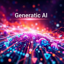 A visually striking cover design for a generative AI journal, featuring abstract digital art that showcases algorithms in action