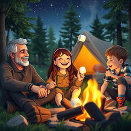 A heartwarming camping scene in a lush green forest featuring a cheerful girl, her father, and her friend